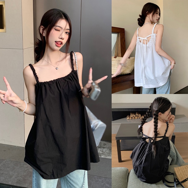 Áo Hai Dây Mùa Hè Màu Trơn Phối Ren Hở Lưng Phong Cách Hàn Quốc Cho Nữ