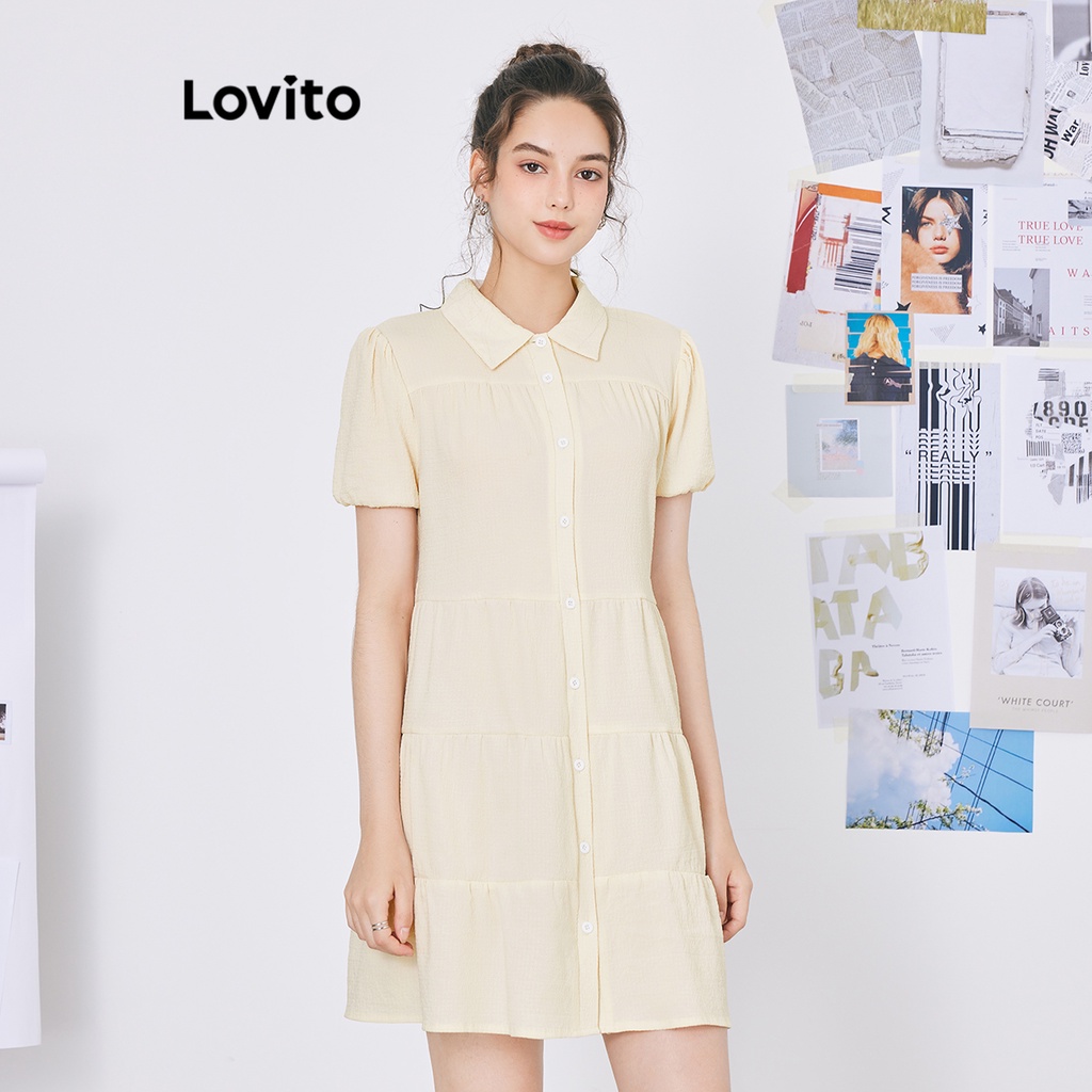 Đầm chữ A Lovito có viền cổ phối nút màu trơn phong cách thường ngày cho nữ L59ED149 (Màu mơ)