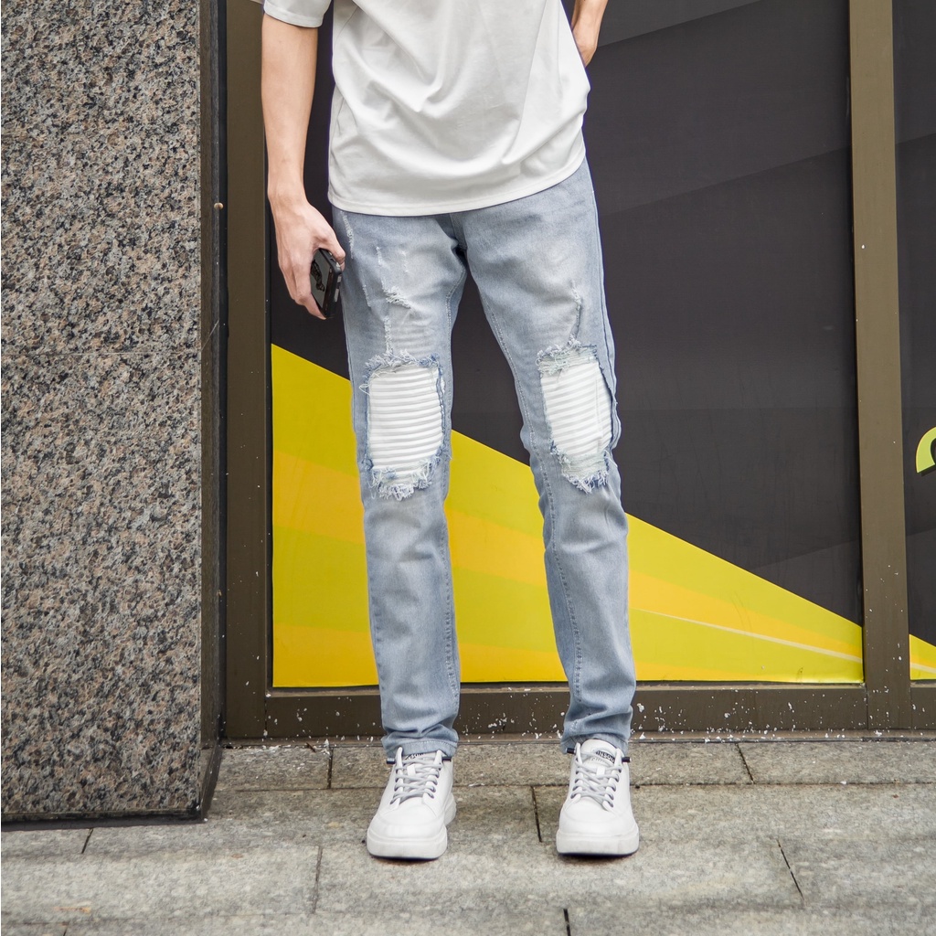 Quần jean nam rách gối vá màu xanh nhạt xước co giãn phom ôm dáng slimfit VNXK pon.mens hà nội hcm