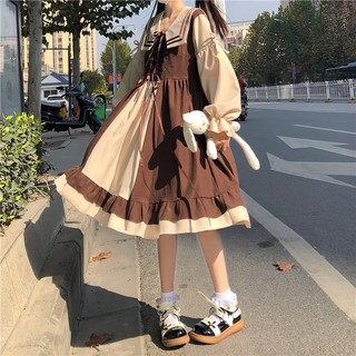 Đầm Tay Dài Cổ Thủy Thủ Màu Sắc Tương Phản Phong Cách lolita Nhật Bản