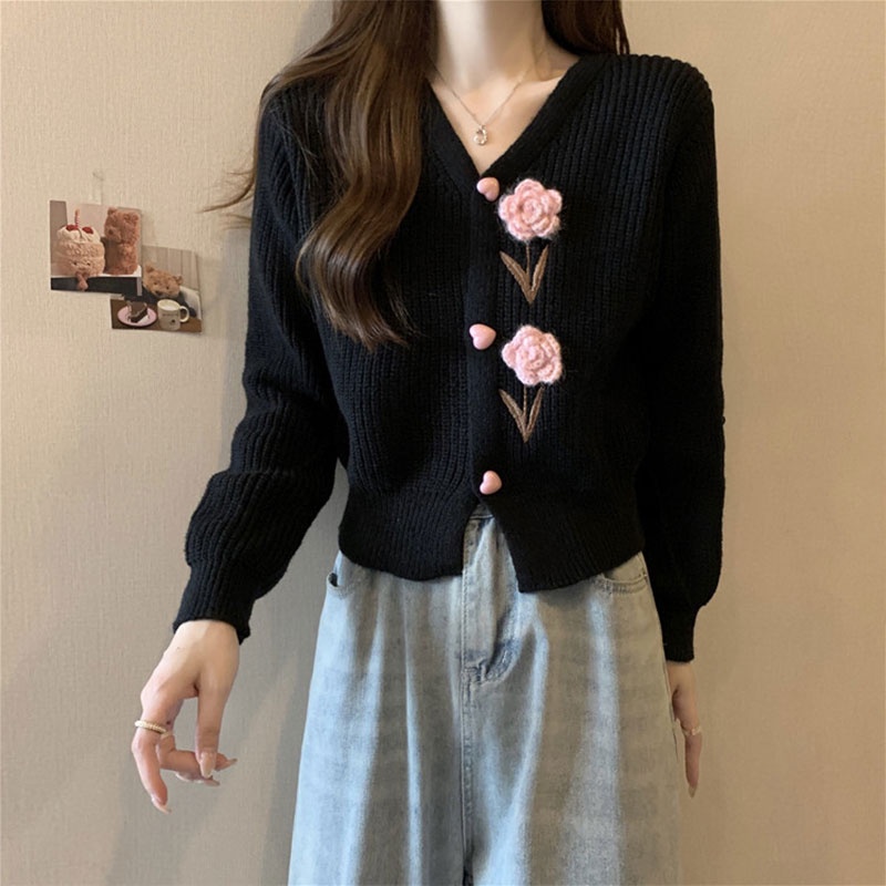 Áo Khoác cardigan Dệt Kim Cổ Chữ v Dáng Rộng Phong Cách retro Dành Cho Nữ