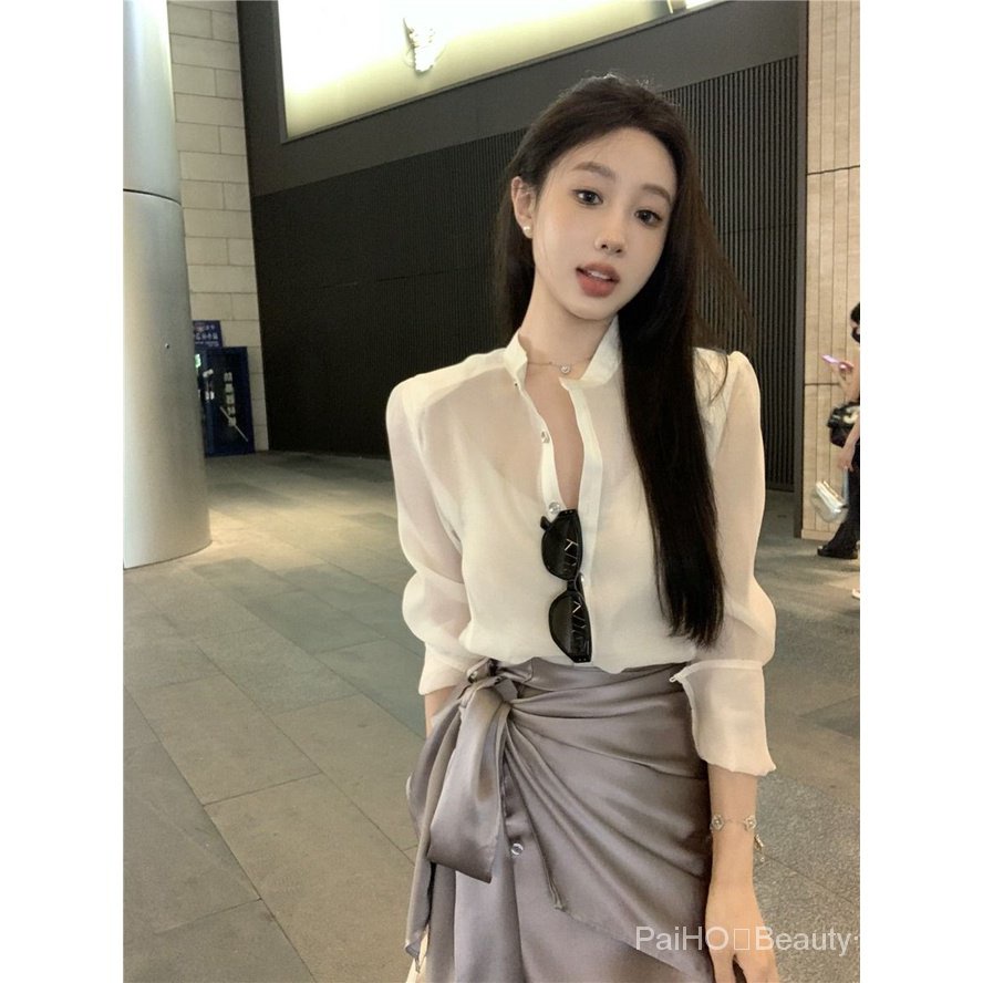 PaiHO❤ Áo Sơ Mi Chống Nắng Dáng Rộng Vải Tuyn + Chân Váy Eo Cao Thời Trang Mùa Hè Hàng Mới Dành Cho Bạn Nữ
