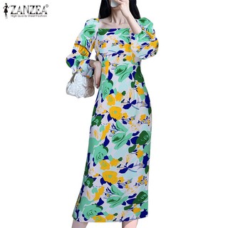 Zanzea Đầm Dài Tay Cổ Vuông In Họa Tiết vintage Nữ Tính