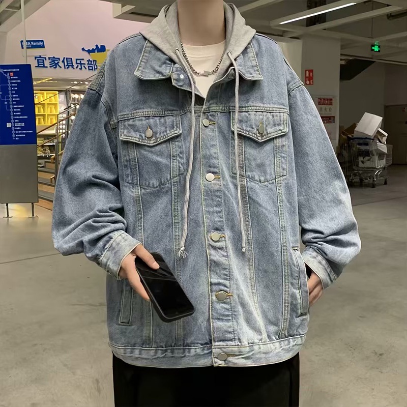 Esea Áo Khoác denim Tay Dài Giả Hai Mảnh Có Mũ Trùm Dáng Rộng Phong Cách retro Mỹ Hợp Thời Trang unisex
