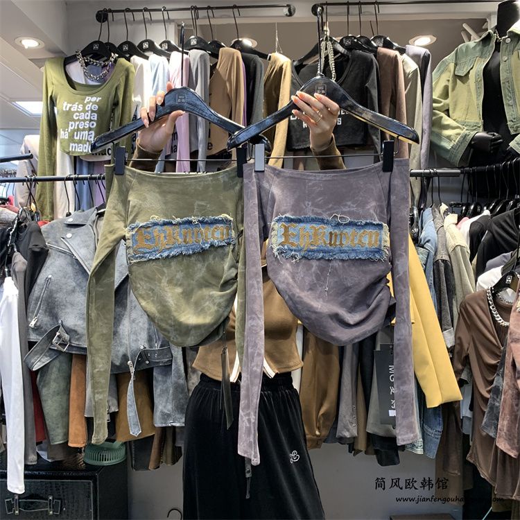 Áo Thun denim Thêu Chữ Thời Trang Mùa Thu Hàn Quốc 2023 Dành Cho Nữ
