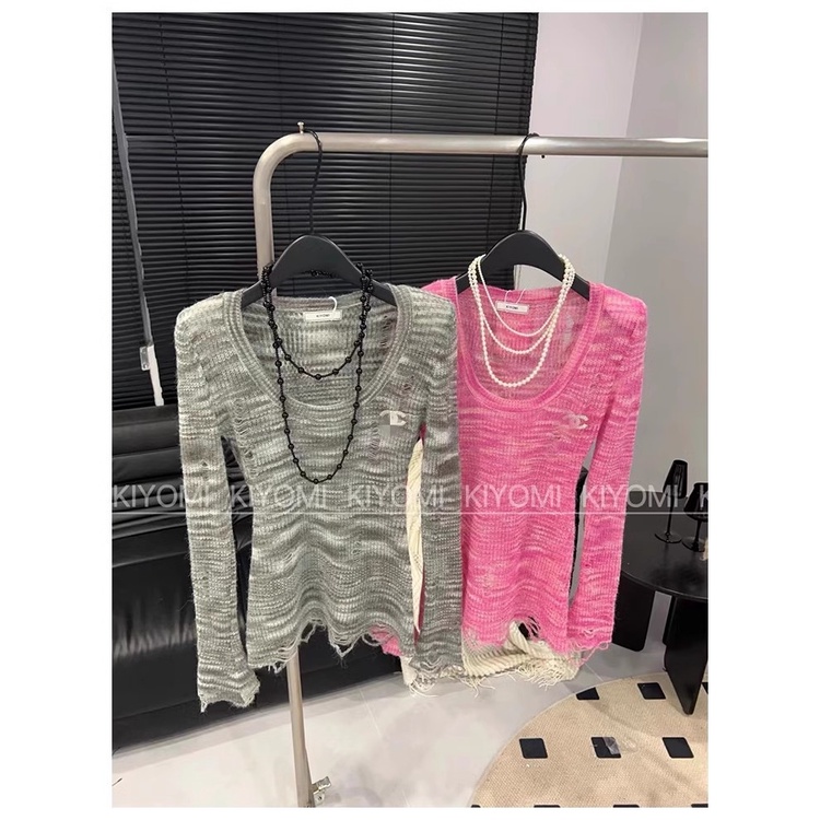 Áo Dệt Kim Tay Dài Dáng Ôm Thiết Kế Rách Thời Trang Mùa Thu Hàn Quốc 2023 Cho Nữ