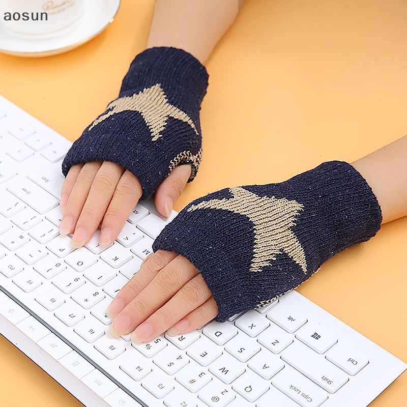 Aosun Găng Tay Len Hở Ngón Hình Ngôi Sao Năm Cánh Mềm Mại Ấm Áp Cho Nam Nữ