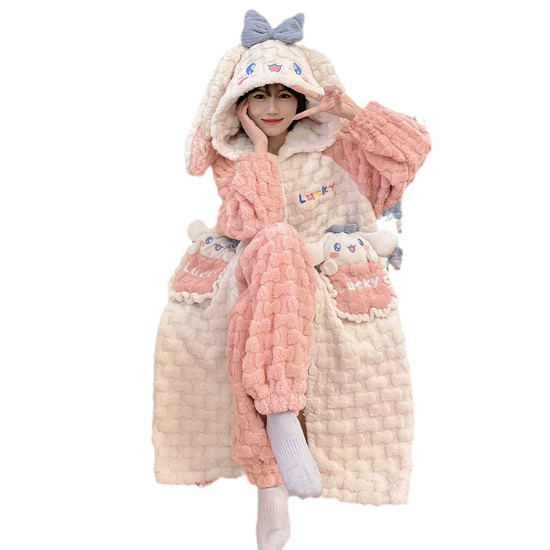 Áo Choàng Ngủ Dáng Dài Chất Nỉ Dày Dặn In Họa Tiết Hoạt Hình Dễ Thương Thời Trang Thu Đông Cho Nữ