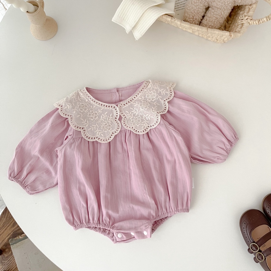 Bộ Áo Liền Quần Tay Dài Phối Ren Màu Hồng / Trắng Thời Trang Mùa Thu Xinh Xắn Cho Bé Gái 0-24 Tháng Tuổi
