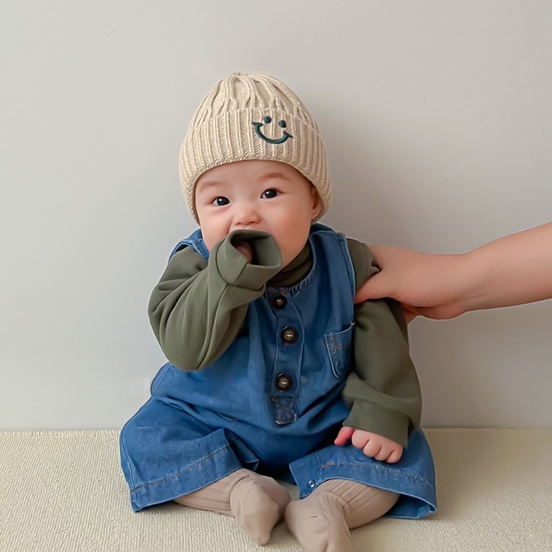 Mũ Len Beanie Mềm Mại Màu Trơn Hình Mặt Cười Cho Bé 1-5 Tuổi