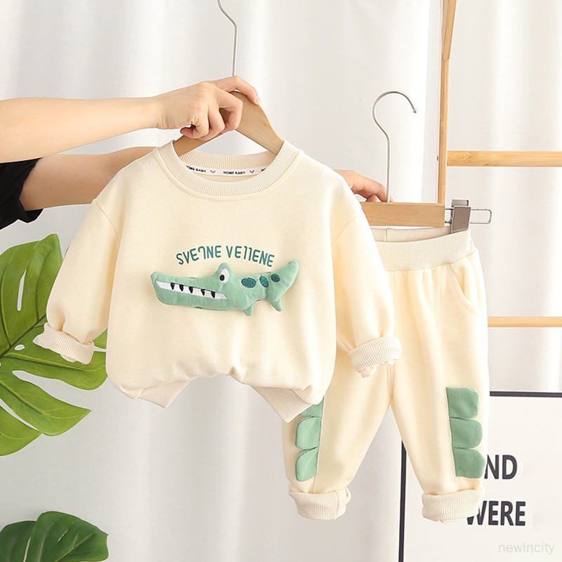 Set Áo Hoodie In Hình Cá Sấu Hoạt Hình + Quần Dài Phong Cách Hàn Quốc Cho Bé
