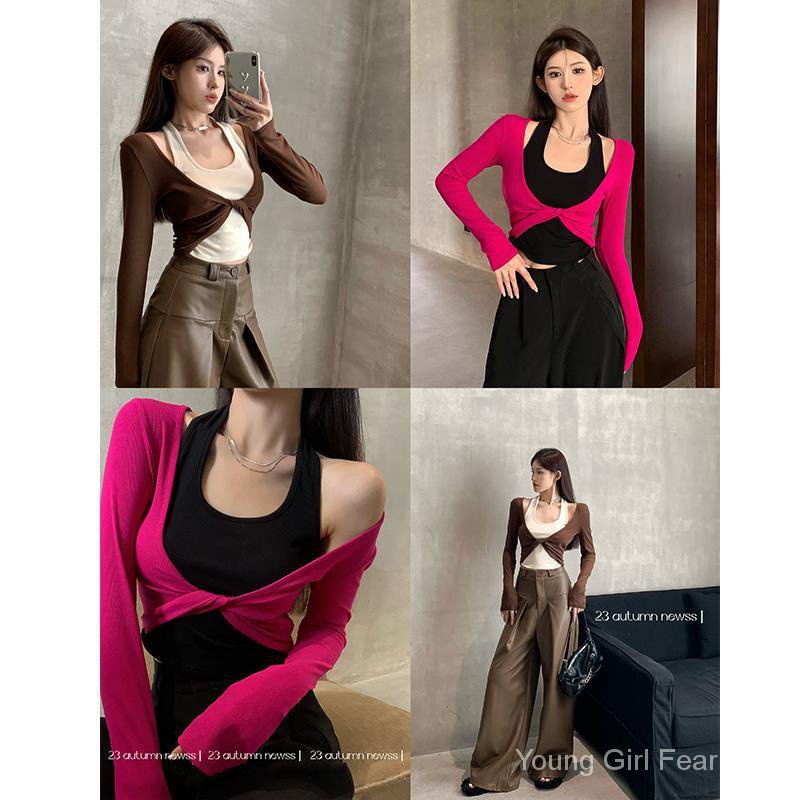 Áo Thun Tay Dài Giả Hai Lớp Phong Cách Hàn Quốc Thời Trang Thu Đông Cho Nữ