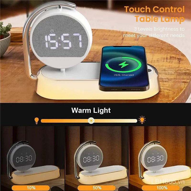 Đế Sạc Nhanh Không Dây Kiêm Đồng Hồ Báo Thức 15w Có Đèn led Xoay 360 Độ Cho iphone 14 13 12 11 pro max samsung
