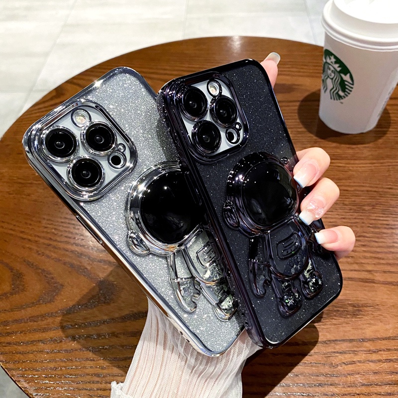Sang Trọng Ốp Điện Thoại Silicon Hình Phi Hành Gia 3d Kim Tuyến Có Giá Đỡ Cho iphone 15 14 13 11 12 pro max Juncong2023
