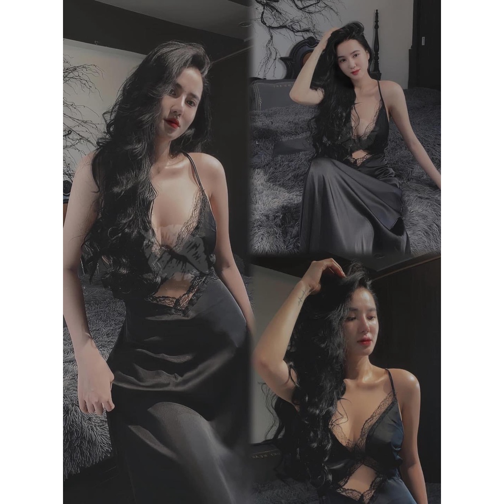 Đầm Ngủ Dáng Dài 2 Dây Phối Ren Cut Bụng Sexy Lụa Latin Cao Cấp Freesize 4O- 58kg - Namishop