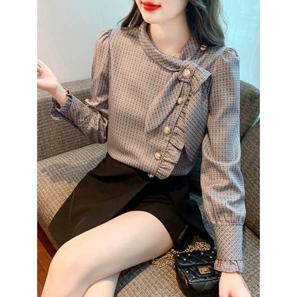 Áo Sơ Mi chiffon Tay Dài Họa Tiết Kẻ Sọc Thời Trang Xuân Thu 2023 Phong Cách Châu Âu Cho Nữ