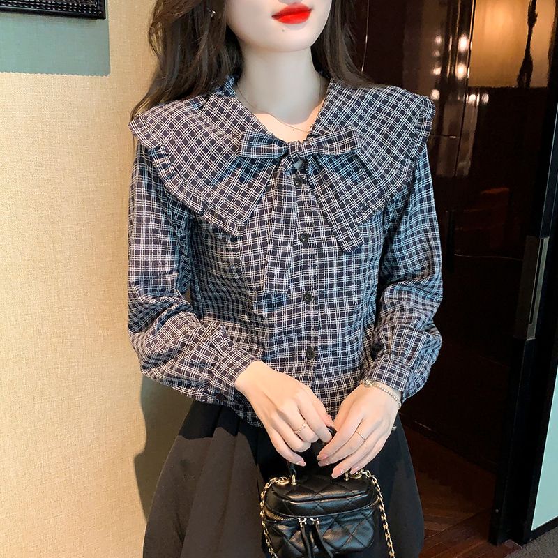 Áo Sơ Mi Tay Dài Cổ Búp Bê Họa Tiết Kẻ Sọc Phong Cách Pháp Thời Trang Mùa Thu 2023 Mới Cho Nữ