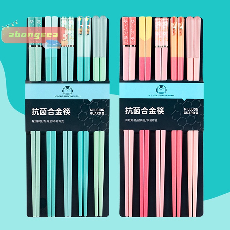 Abongsea Bộ 5 Đôi Đũa Hợp Kim Ăn Uống Năm Màu Có Thể Tái Sử Dụng
