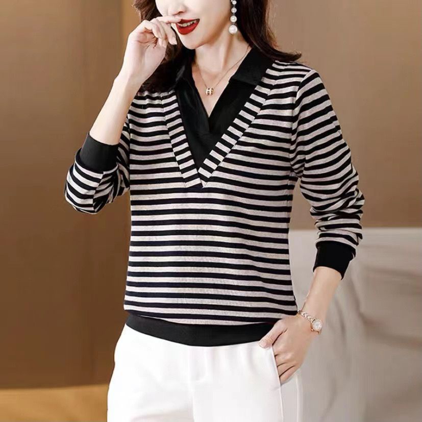 Áo Thun Tay Dài Giả Hai Lớp / Kẻ Sọc / Áo Thun Tay Dài Kiểu Hàn Quốc Thời Trang Mùa Thu Cho Phụ Nữ Trung Niên