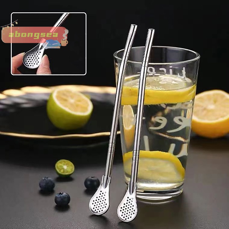 Bộ Ống Hút 2 Trong 1 Bằng Thép Không Gỉ Có Thể Tái Sử Dụng Kèm Muỗng Khuấy