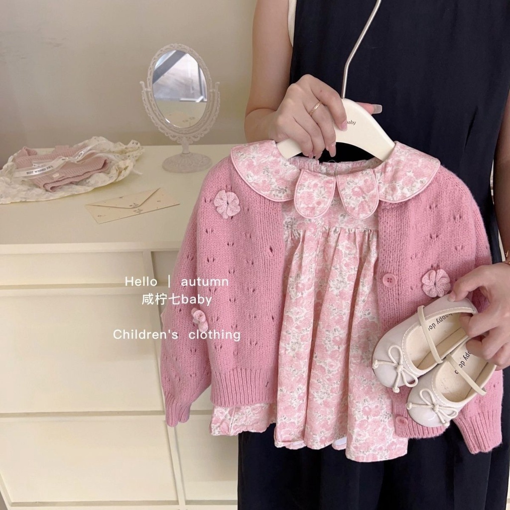 Set Váy Thu Đông, Váy Dệt Kim In Hoa Cổ Búp Bê + Áo Khoác Cardigan Phong Cách Hàn Quốc Thời TrangThu Đông Dành Cho Bé