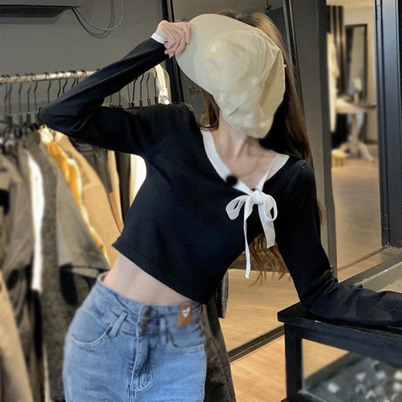 Áo Thun croptop Dệt Kim Tay Dài Cổ Tròn Thắt Nơ Màu Tương Phản Phong Cách Hàn Quốc Thời Trang Cho Nữ