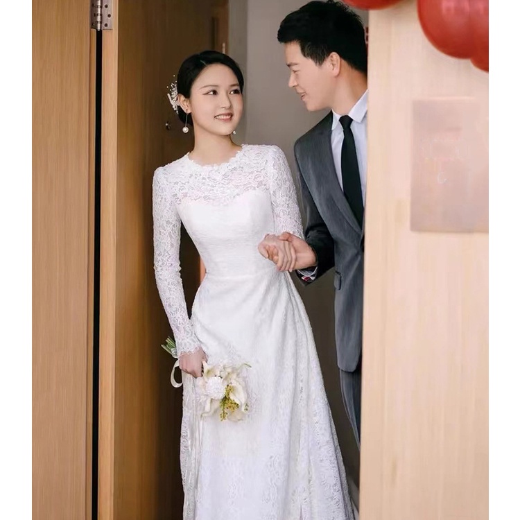 Đầm Cô Dâu Tay Dài Phối Ren Màu Trắng Thời Trang