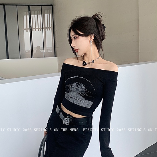 Áo Thun Nữ Tay Dài Trễ Vai Dáng Ôm Ngắn Phong Cách Hàn Quốc