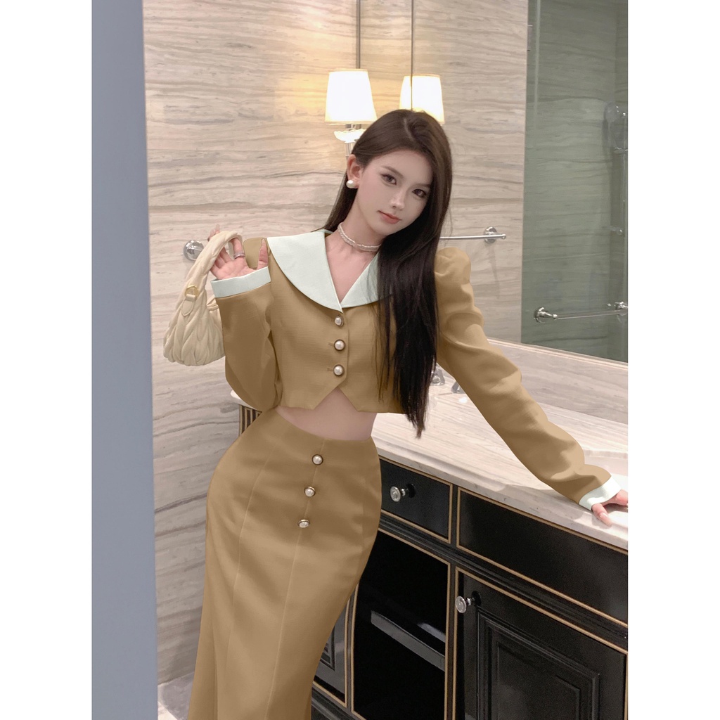 Set Áo Khoác 3n + Chân Váy Lưng Cao Thời Trang Nữ