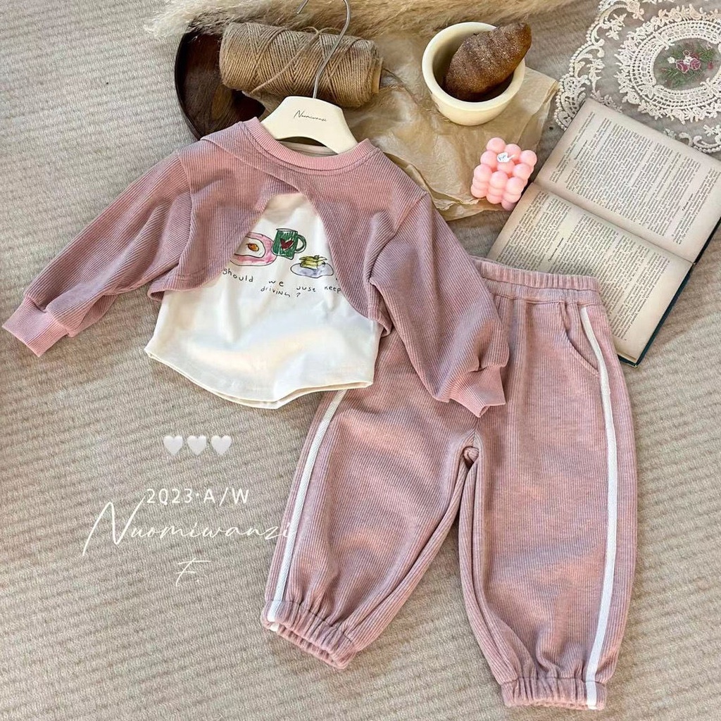 Set Áo Thun Tay Dài + Quần Dài In Họa Tiết Vui Nhộn Thời Trang Mùa Thu Cho Bé Gái