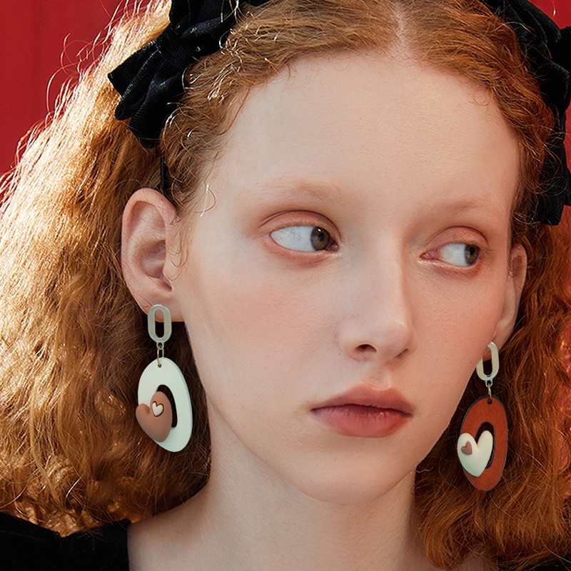 Bông Tai Hình oval Mặt Gỗ resin Hình Học Ngọt Ngào Phong Cách Dân Tộc