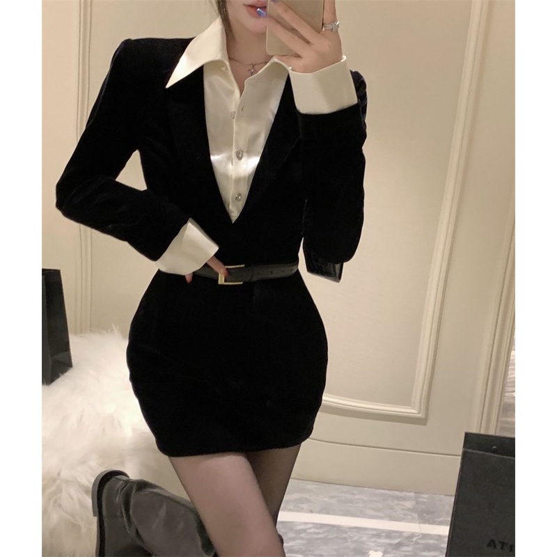 Bộ Áo Giả Hai Mảnh Váy Ngắn Ôm Eo Màu Đen Phong Cách Hoàng Gia Mùa Thu Và Mùa Đông Nóng Bỏng hi