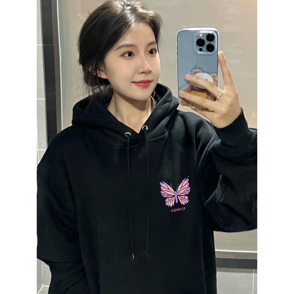 Áo nỉ có mũ trùm đầu in hình con bướm hợp thời trang của Hàn Quốc dành cho nữ CHONMUA365 mùa thu đông 2023