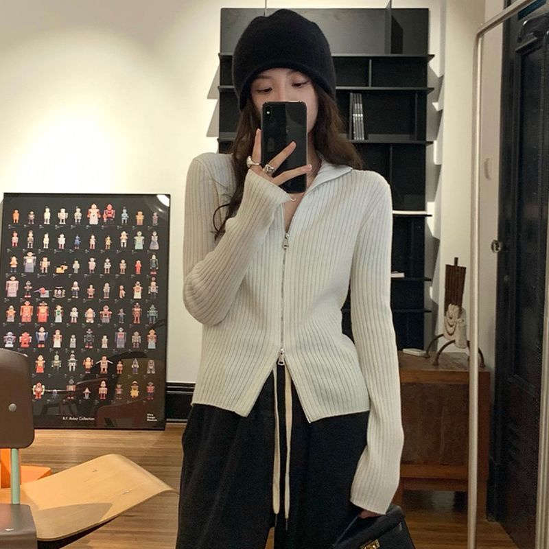 Áo cardigan Dệt Kim Tay Dài Màu Trơn Dáng Ôm Phối Khóa Kéo Thời Trang