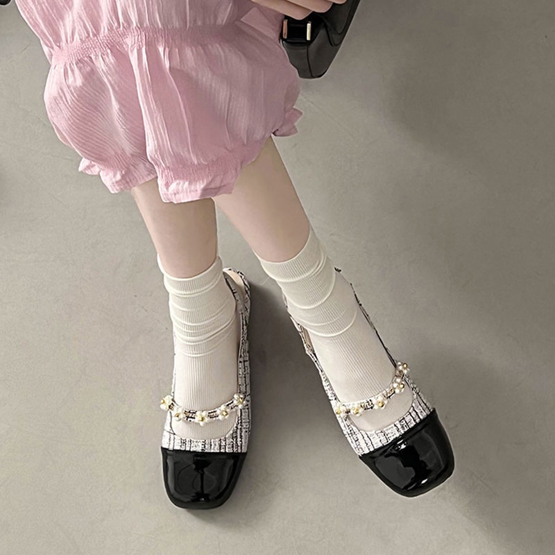 Qinos Sandal Mũi Vuông Hở Lưng Đính Ngọc Trai Phong Cách Hàn Quốc