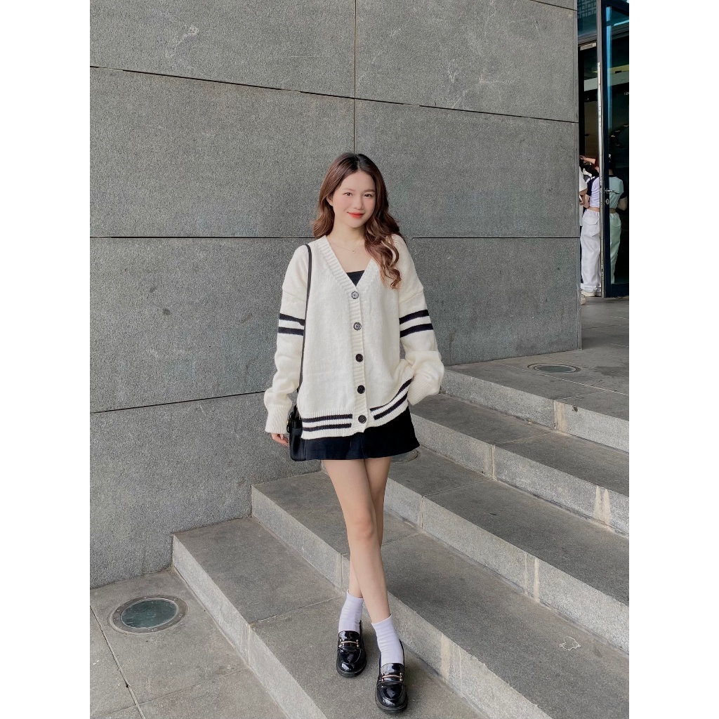 ÁO KHOÁC len cardigan nữ sọc viền tay - . - CDGlenvachtay9916_Be_P7K1