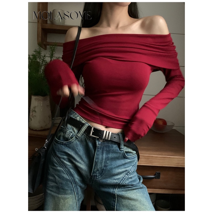 Polaroisome Áo Thun Tay Dài Trễ Vai Ôm Dáng Màu Trơn Thời Trang Cho Nữ 2023