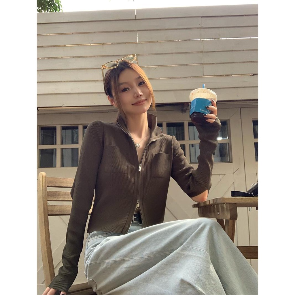 Áo Khoác Len cardigan Tay Dài Cổ Lọ Có Dây Kéo Thời Trang Mùa Thu 3n