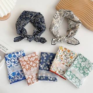 Khăn Choàng Cổ Hình Vuông 58cm Chất Liệu cotton Lanh Mềm Mại In Họa Tiết Hoa Phong Cách vintage