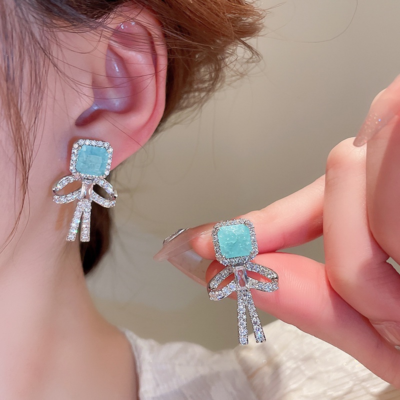 Bông Tai Mạ Bạc 925 Hình Nơ Đính Đá zircon Sang Trọng Phong Cách Hàn Quốc