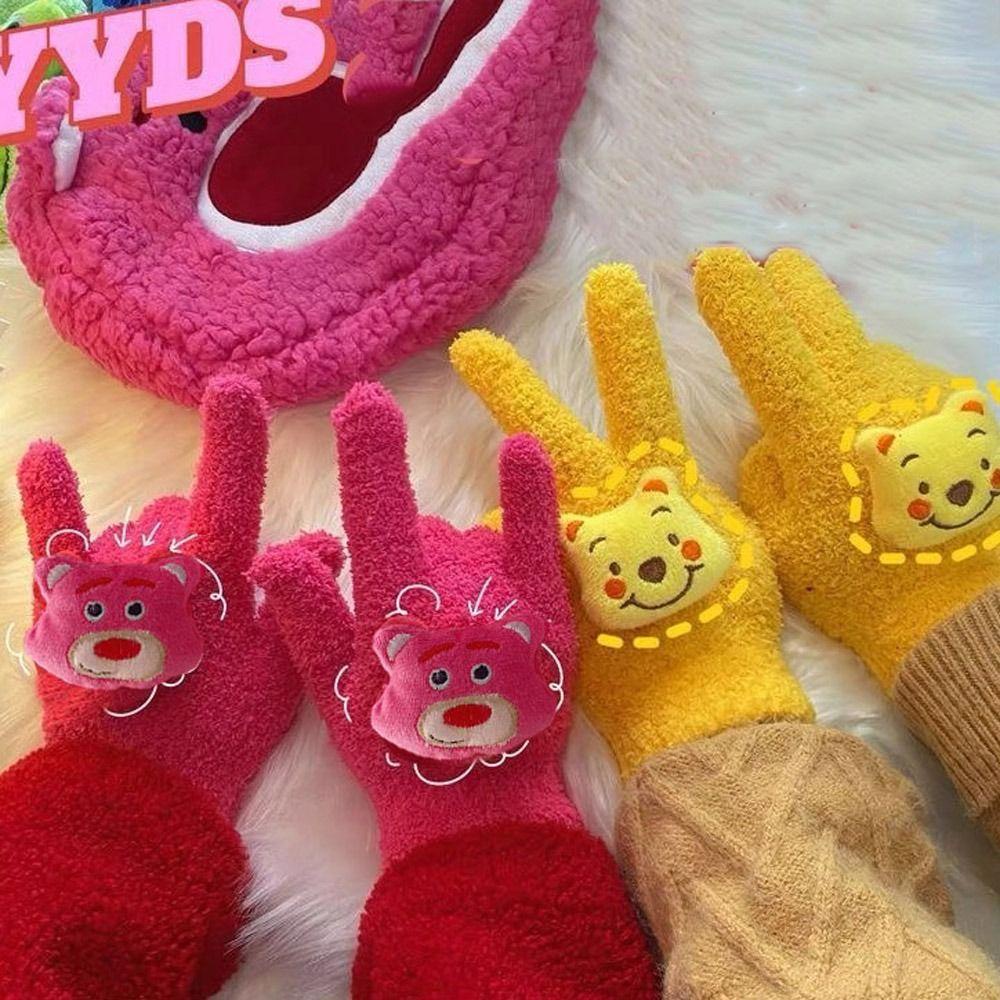 Găng Tay Lái Xe Năm Ngón Hình Gấu Bông Đôi Mắt To Bằng Lông Cừu San Hô kawaii Toàn Ngón Giữ Ấm Mùa Đông