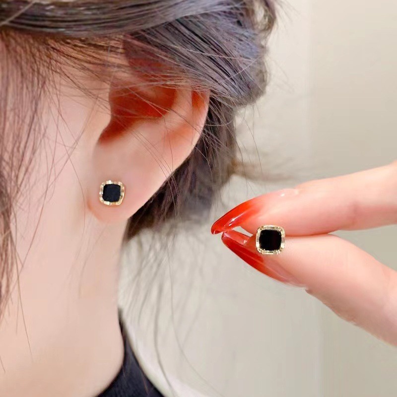 Bông Tai Hình Vuông Màu Đen Bằng Bạc Phong Cách Cổ Điển Thời Trang Cho Nữ