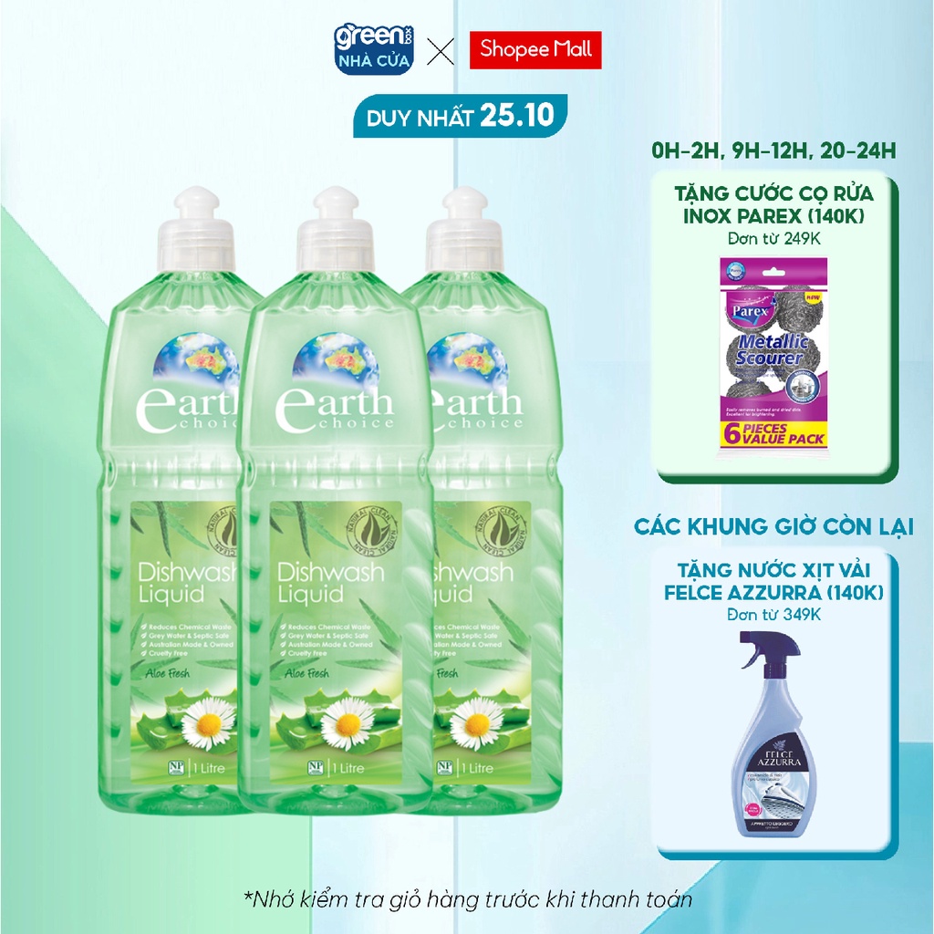 Combo 3 Nước Rửa Chén EARTH CHOICE Rửa Được Bình Sữa Cho Trẻ, An Toàn Không Khô Da Tay, Chiết Xuất Nha Đam Dung Tích 1L
