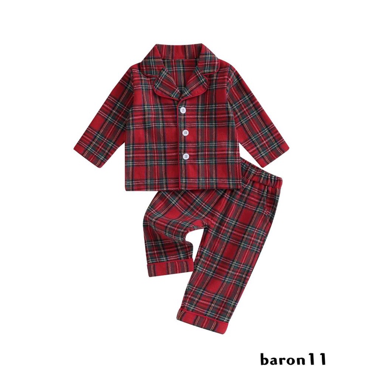 Bộ Đồ Ngủ Pijama Tay Dài Cài Khuy + Quần Dài Họa Tiết Caro Phong Cách Giáng Sinh Dễ Thương Cho Bé Gái k8lm
