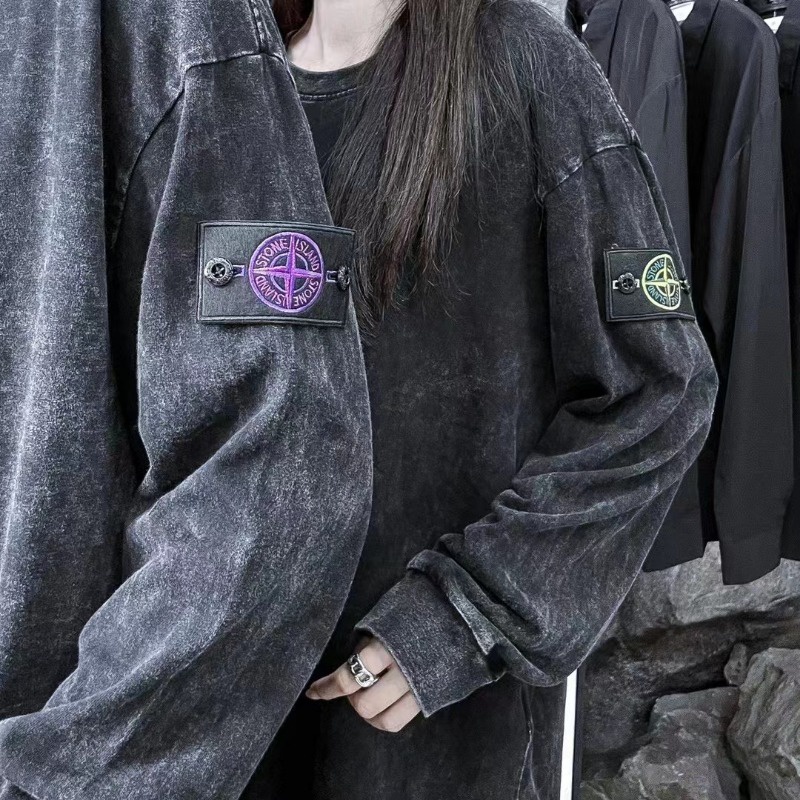 Stone Island Áo Thun 100% Chính Hãng Tay Dài Cổ Tròn Dáng Rộng Phong Cách retro Dành Cho Nam Và Nữ