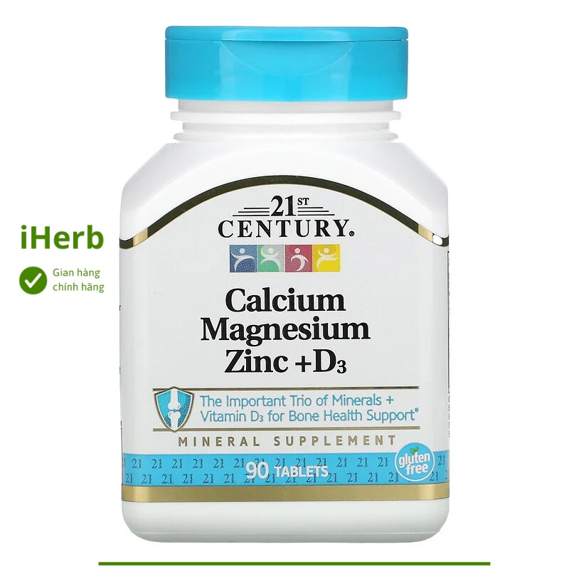 Viên uống Calcium Magnesium Zinc + D3 hỗ trợ sức khỏe xương của 21st Centur (90 viên) - iHerb Việt N
