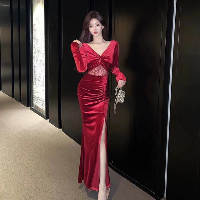 Mqaq Đầm Nhung Tay Dài Phối Ren Thời Trang Thu Đông / Mùa Đông Gợi Cảm