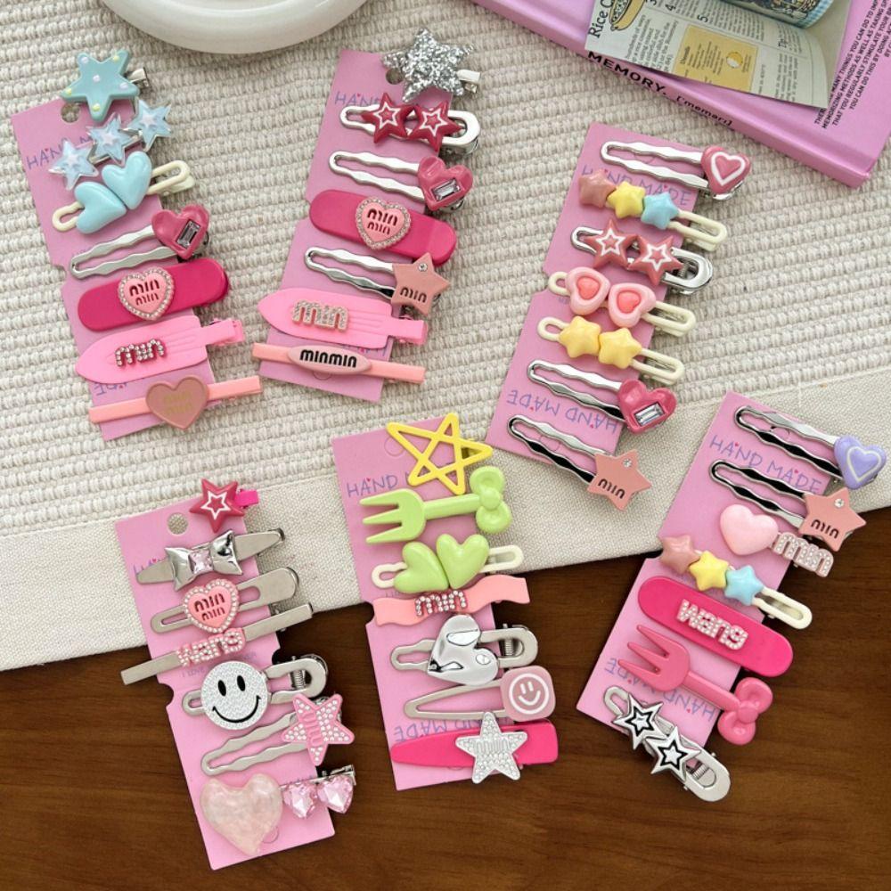 Oceanmap set 7 Kẹp Tóc Hình Ngôi Sao / Chữ Cái Đính Đá Bằng Kim Loại Màu Bạc Phong Cách Hàn Quốc Dễ Thương Cho Bé y2k