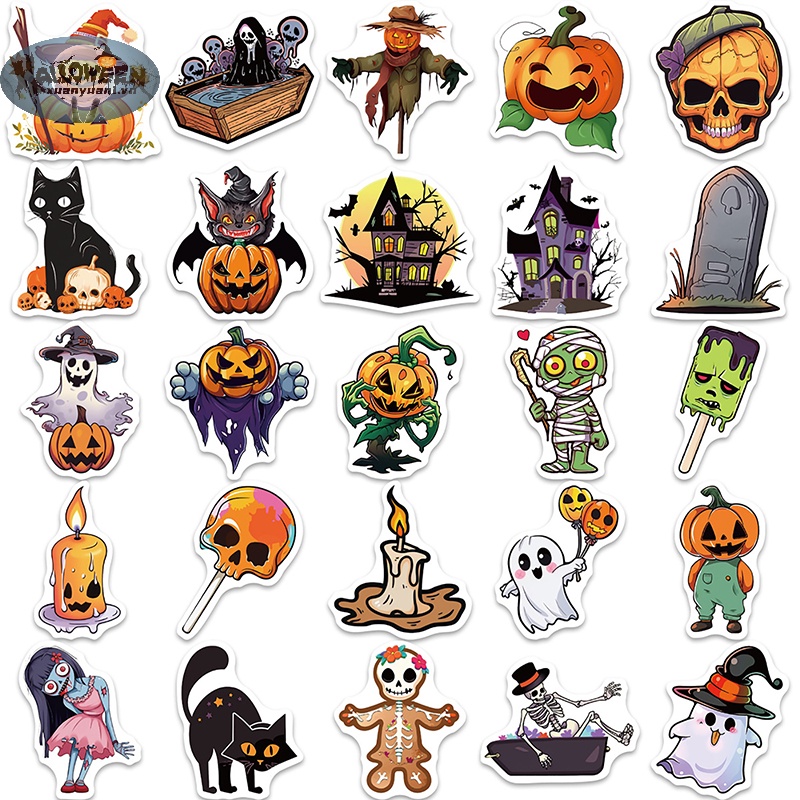 Set 50 Miếng Dán Trang Trí Xe Hơi / Vali / laptop / Điện Thoại / Sổ Tay diy Họa Tiết halloween
