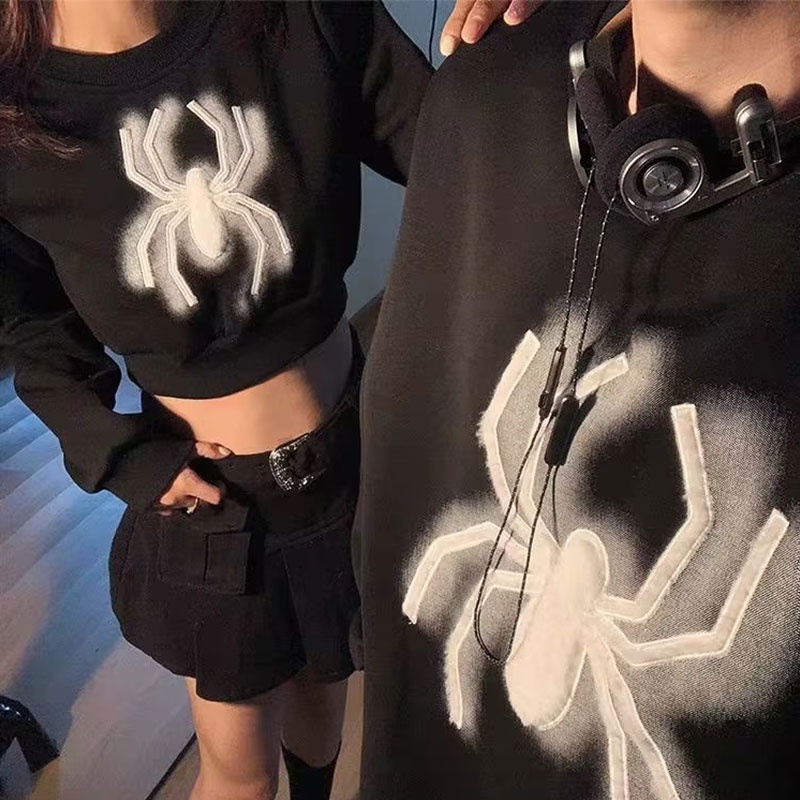 Kyushuad Áo Khoác Tay Dài Cổ Tròn In Hình Nhện Phong Cách hip hop Đường Phố Mỹ Thời Trang Mùa Thu Dành Cho Cặp Đôi